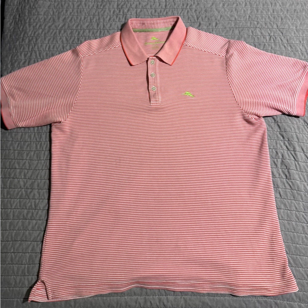 Tommy Bahama Coral and White Fine-Striped Polo *READ*